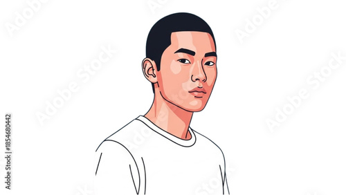 A young man is gazing directly at the viewer with a simple illustration style