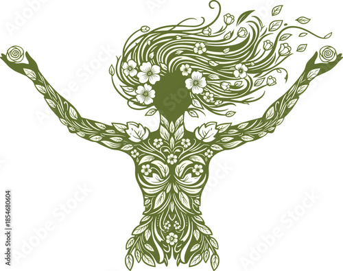 Floral human figure silhouette, leafy nature body design, green botanical art concept, environmental harmony theme, flat vector illustration
