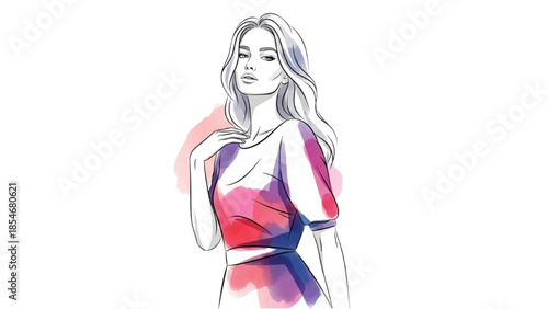 A young woman with flowing hair wearing a vibrant dress stands elegantly against a clean white background viewed from the front