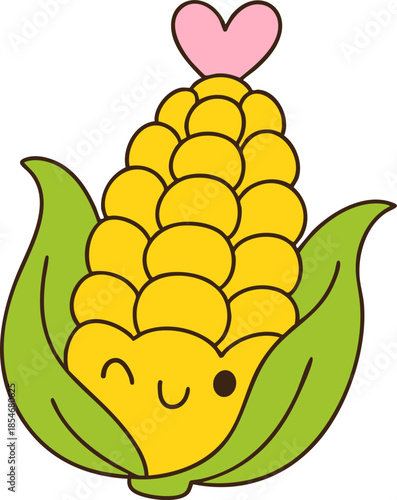 Cute corn character with smiling face and heart on top, surrounded by green leaves, radiating joy and warmth