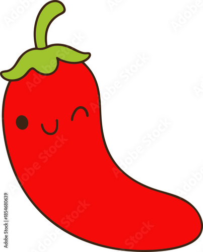 Cute red chili pepper with smiling face and green stem, perfect for fun designs and illustrations