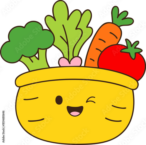 Cheerful bowl filled with colorful vegetables like broccoli, lettuce, carrot, and tomato, radiating joy and freshness