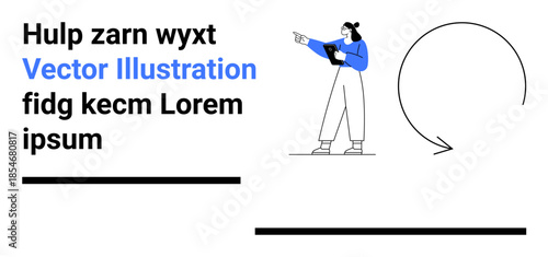 Woman holding a tablet, pointing to a circular arrow to emphasize a concept. Ideal for teamwork, strategy, direction, guidance, explanation, analysis, simple landing page