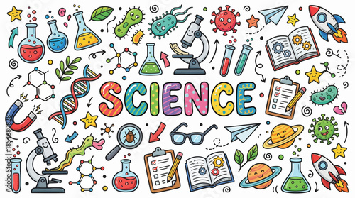 Colorful Science Doodle Vector with DNA, Molecules, Microscope, Magnet, Planet, and Lab Tools for STEM Education, Posters, and Classroom Graphics