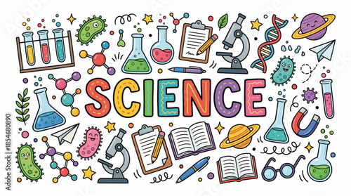 Colorful Science Doodle Vector with DNA, Molecules, Microscope, Magnet, Planet, and Lab Tools for STEM Education, Posters, and Classroom Graphics