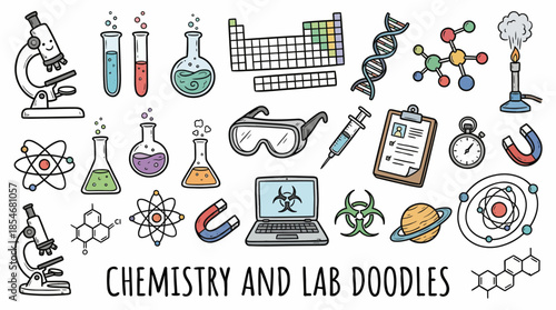 Colorful Chemistry and Lab Doodle Vector with Molecules, Flasks, Microscope, Biohazard, Periodic Table, and STEM Tools for Educational Posters and Graphics