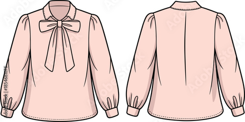 Blouse technical illustration set, front and back views, bow tie collar, puff sleeves, button cuffs, black outline, isolated