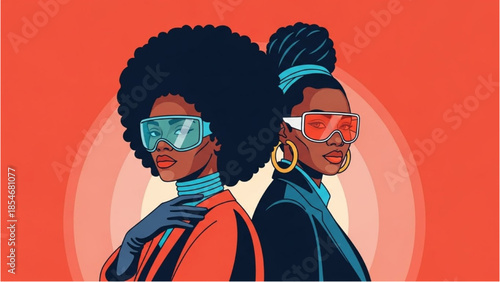 Two women wearing sunglasses standing together in a vibrant, stylized illustration with bold colors and dynamic composition