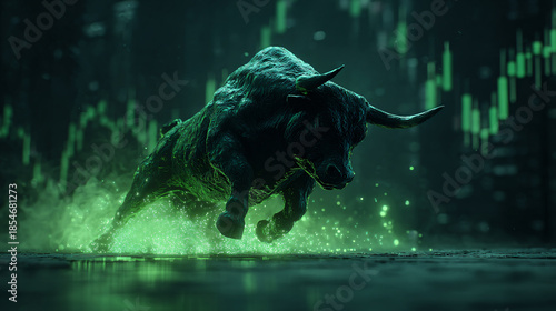 A digital artwork of a bull charging amidst financial chart graphs.
