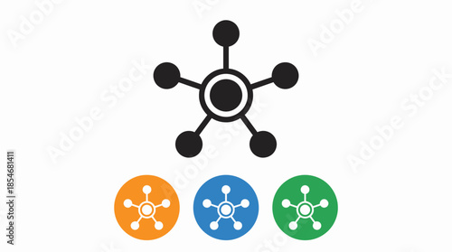 Network Hub Vector Icons with Central Node and Spokes in Black, Orange, Blue, and Green for Connectivity, Data Sharing, and Tech UI Design