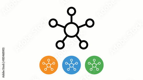 Network Hub Vector Icons with Central Node and Spokes in Black, Orange, Blue, and Green for Connectivity, Data Sharing, and Tech UI Design