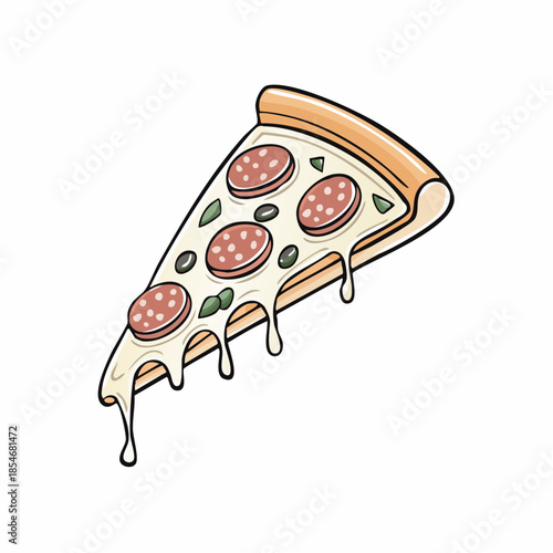 Slice of pepperoni pizza with melting cheese and basil topping