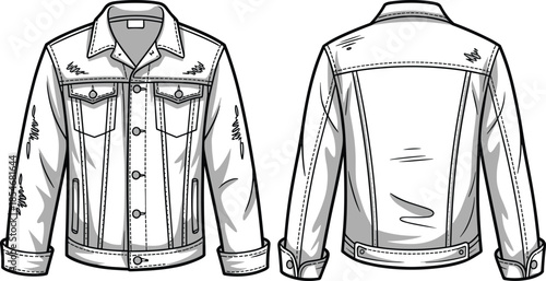 Denim jacket technical illustration set, front and back views, button closure, chest pockets, distressed details, black outline, isolated