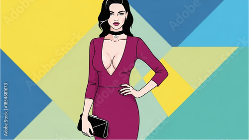 A confident woman in a vibrant red dress stands against a colorful geometric background holding a clutch