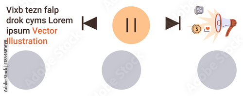 Media interface, audio control, digital marketing, broadcasting, communication, design. Central pause button with arrows and marketing icons. Media interface and audio control concepts