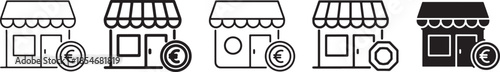 Seller earnings icon set showing shop storefronts with currency symbols representing profit income revenue and financial performance for ecommerce marketplaces and online sellers