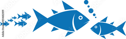 Big fish eating small fish illustration symbolizing business competition, corporate growth strategy, market dominance concept with blue aquatic vector design