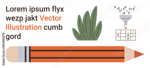 Education, creativity, data processing, digital tools, content creation, and innovation. A pencil, text leaves and binary code with a processing funnel. Education and creativity in design