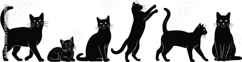 Black cat silhouettes collection showing different poses and actions, vector pet illustration isolated on white background minimal design