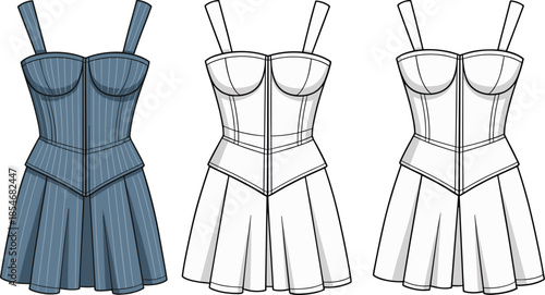 Pleated dress illustration set, fitted bodice, wide straps, pinstripes, technical sketches, front views, black outline, isolated