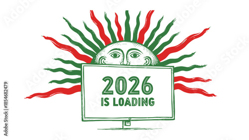 A sunburst over a sign reading '2026 is loading', signaling future trends, concepts, and digital progress