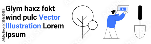 Tree illustration beside a man holding a screen with a play button and a spade tool. Ideal for technology, tutorials, nature, gardening, simplicity, environment, simple landing page