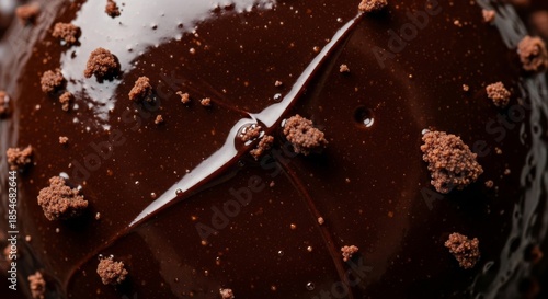 Decadent dark chocolate dessert, rich and glossy, covered in smooth ganache and sprinkled with textured cocoa crumbs. A luxurious close-up of a delectable sweet treat.