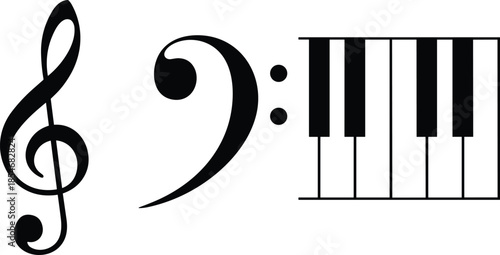 Musical symbols treble clef bass clef and piano keyboard illustration, music education concept, black and white minimalist design vector graphic