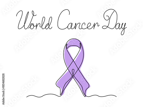 World Cancer Day. Greeting card. Abstract ribbon  symbol fight against cancer, continuous single one line art hand drawing sketch logo on white background. Lavender symbol of all types of cancer