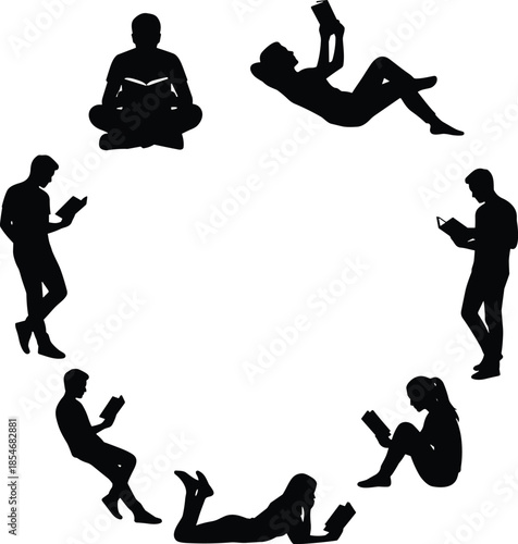 People reading book silhouettes, education learning concept, men women study poses, knowledge lifestyle, black shadow illustration, isolated white background