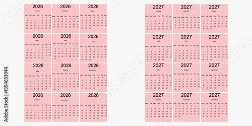 2026 Monthly calendar 12 months template on white background. Minimalist design layout calendar week starts on sunday. Use for New year, business, print.