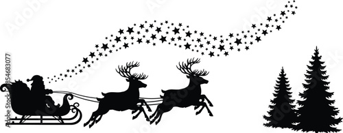Santa Claus sleigh silhouette with reindeer flying over forest, magical Christmas night scene illustration, holiday celebration winter design isolated