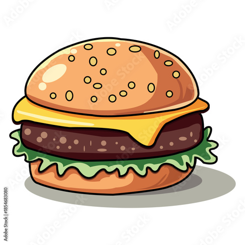 Cheeseburger with lettuce and sesame seed bun isolated on white background