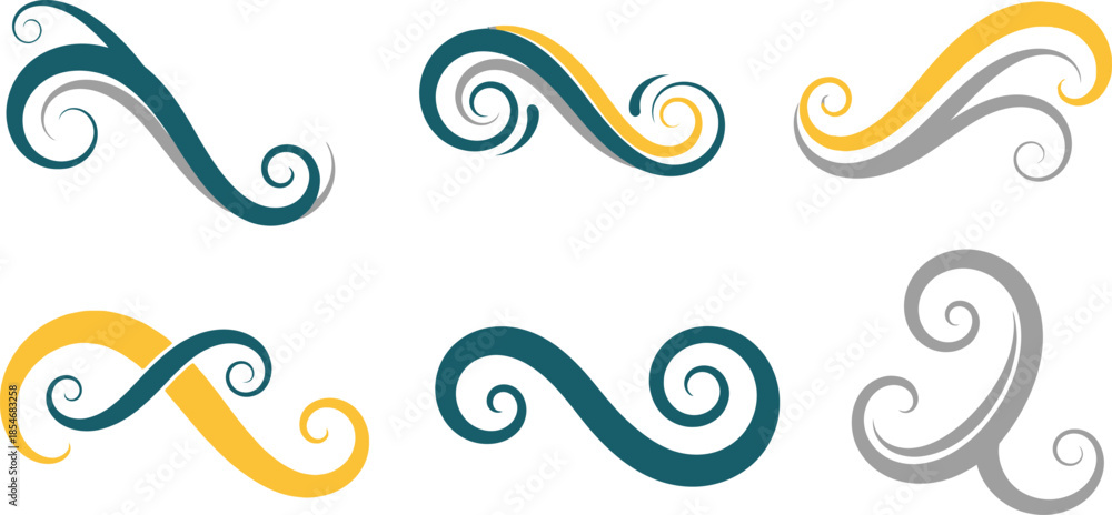 Fototapeta premium Abstract scrolls in teal, yellow, and grey