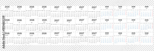 2026 Monthly calendar 12 months template on white background. Minimalist design layout calendar week starts on sunday. Use for New year, business, print.