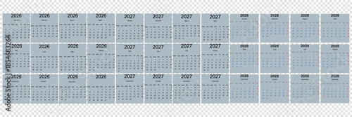 2026 Monthly calendar 12 months template on white background. Minimalist design layout calendar week starts on sunday. Use for New year, business, print.