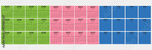 2026 Monthly calendar 12 months template on white background. Minimalist design layout calendar week starts on sunday. Use for New year, business, print.