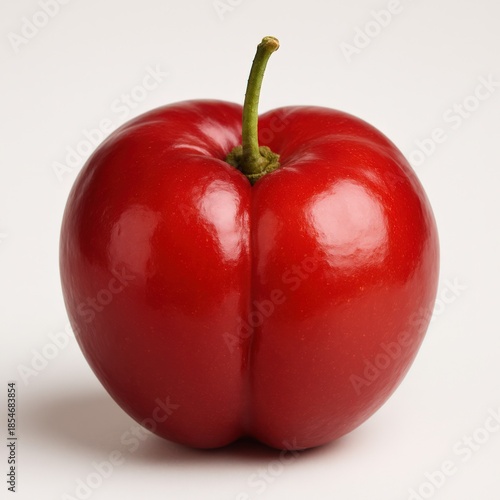 A singular, vibrant, red berry with a stem sits on a plain, white background.