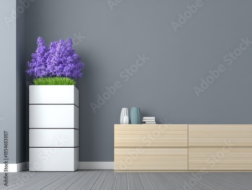 Modern interior featuring a stacked planter with purple flowers and a wooden cabinet.