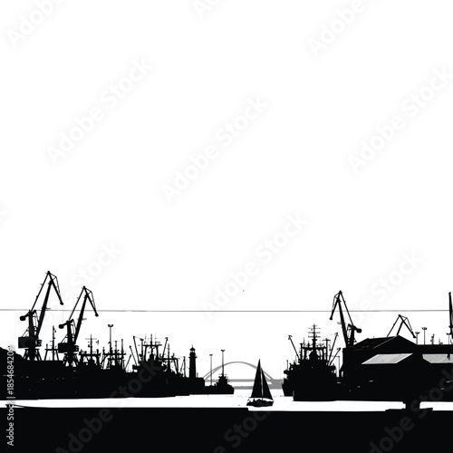 Silhouette of a busy harbor at sunset