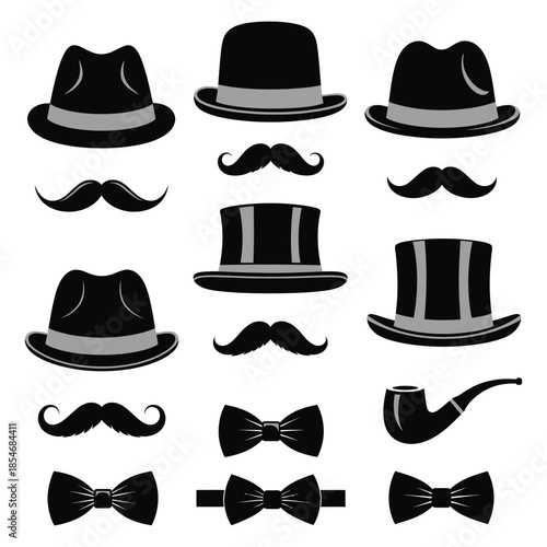 Collection of vintage hats mustaches bow ties and a pipe illustration