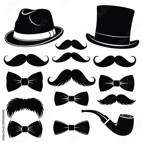 Collection of vintage hats mustaches bow ties and a smoking pipe