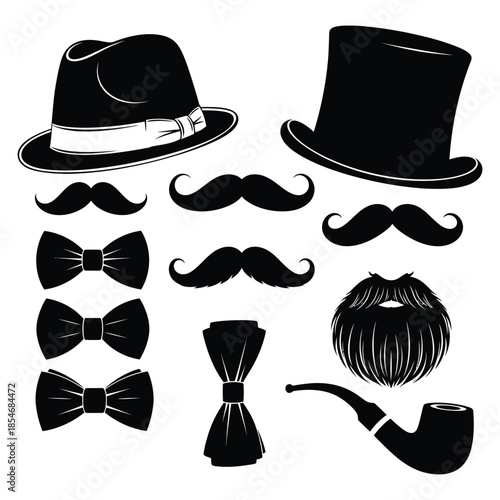 Collection of vintage hats mustaches bow ties and a smoking pipe