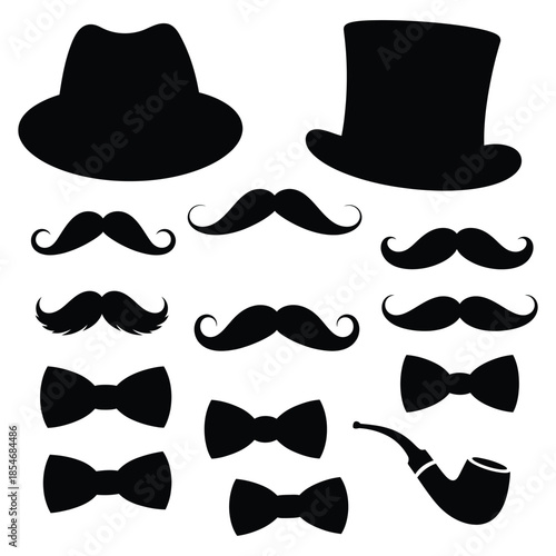 Collection of vintage hats mustaches bow ties and a smoking pipe
