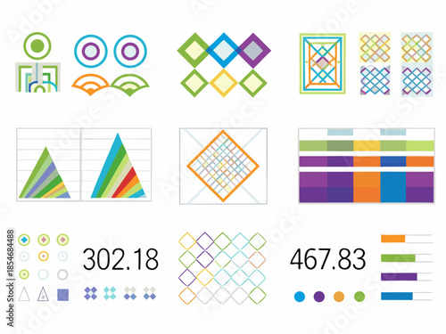 Abstract geometric patterns and colorful designs with numerical data representation