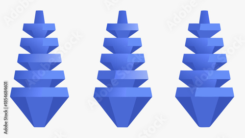 Three blue conical shapes with stacked segments on a white background