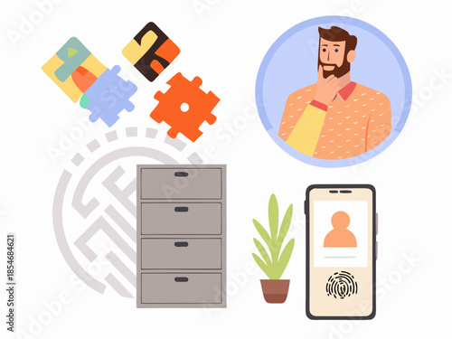 Man with puzzle pieces filing cabinet smartphone and plant illustration
