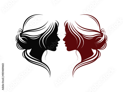 Elegant profile silhouettes of two women facing each other in contrasting colors