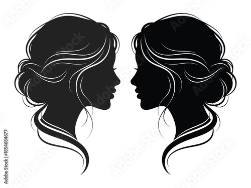 Elegant silhouette profiles of two women facing each other with detailed hair