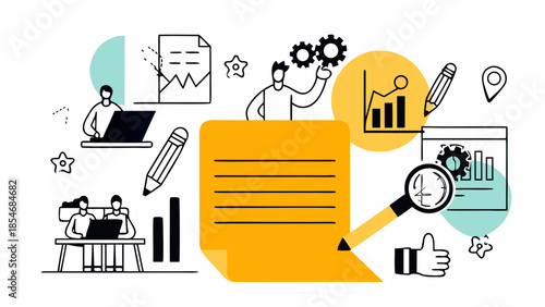 Business strategy and planning concept with digital tools and teamwork illustration